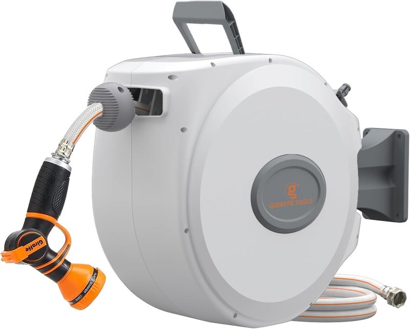 Giraffe Tools CW20 Retractable Garden Hose Reel 5/8" x 60 ft Heavy Duty Water Hose Reel, Swivel Bracket, Any Length Lock, Light Grey - Image 1